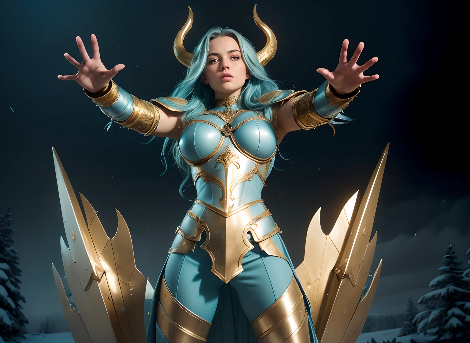 realistic), (cinematic shot), slightly low view. upper body of an beautiful young girl knight, 1girl, woman, in medieval armor, (detailed face), ((pretty big turquoise eyes)), with very long hair, (light blue hair), (long hair), ((messy hair)), ((bands)) blowing hair, (big breasts), near a snow castle at winter, golden armor, golden horns on helmet, (full body armor), ((bright intricate armor)), (light blue legging), ((crome gold armor)), (detailed armor, high quality), ((ornate armor)), (hdr), (noble), inspiring, film, cinematic lighting. ((light blue pants)). ((delicate face)). Full body-armor.( Enlongated armor skirt)). The most beautiful warrior. Ultrarealistic landscape.