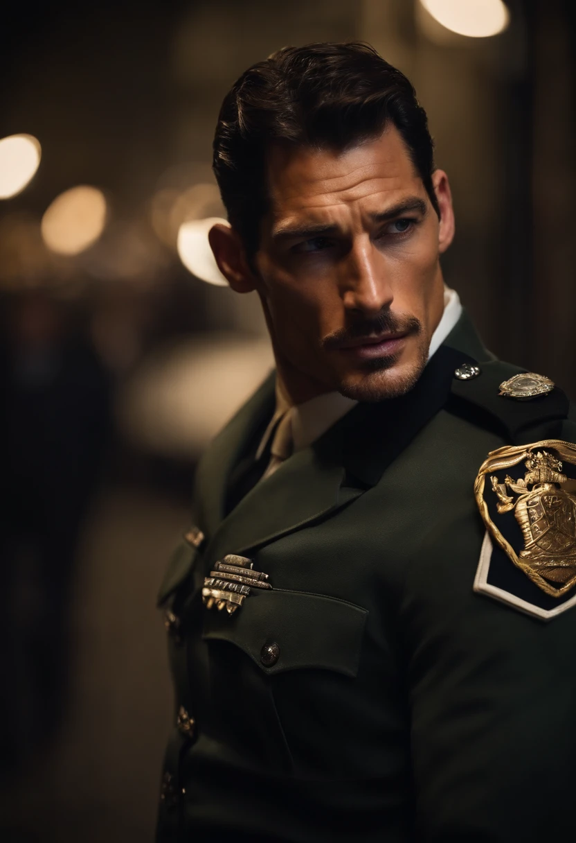 (best quality,Altas),o jovem David Gandy vestido de policial do exercito sexy,Carreira de modelo,maxilar afiado,olhar intenso,Sobrancelhas bem cuidadas,sculpted cheekbones,cabelo perfeitamente estilizado,Strong muscle building,uniforme policial militar ,Equipped with shiny buttons and emblem,botas de couro pretas brilhantes,determined and confident expression,Posing with one hand on her hip,olhar sexy fumegante,Face a bleak urban setting,contraste entre calma e intensidade,Subtle hint of danger,luz suave da noite iluminando a cena,creating dramatic shadows and highlights,cores vivas com um leve tom dessaturado,Creating a cinematic aesthetic