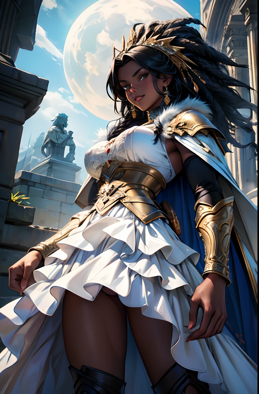 Fine illustration, ultra detailed, highres, from below, beautiful, gablin_woman, elegant standing_pose, slightly smiling,close mouth, elegant look, ((looking at viewer)),barbarian_dress, black_afro_glistening long braided_hair, tall warrior, ((dark_skin_female)), smoky_glowing world, detailed countryside_dress with glittery paladin woman_dress, detailed embroidery, white fur_cape, extremely layered frills