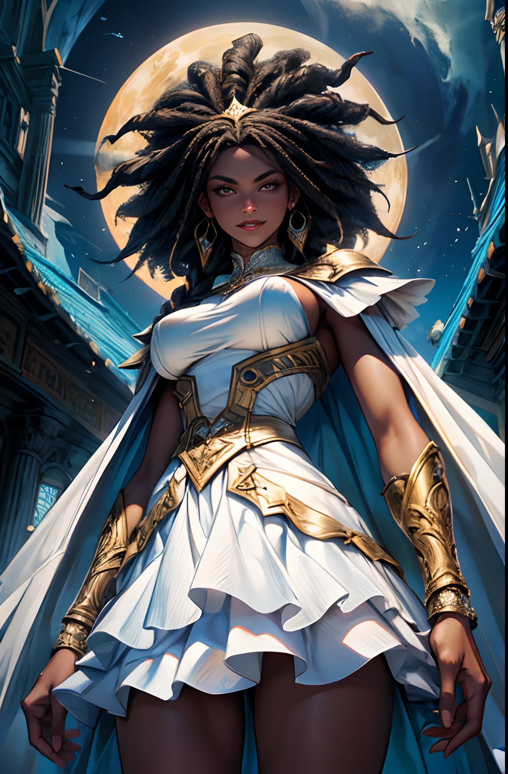 Fine illustration, ultra detailed, highres, from below, beautiful, gablin_woman, elegant standing_pose, slightly smiling,close mouth, elegant look, ((looking at viewer)),barbarian_dress, black_afro_glistening long braided_hair, tall warrior, ((dark_skin_female)), smoky_glowing world, detailed countryside_dress with glittery paladin woman_dress, detailed embroidery, white fur_cape, extremely layered frills