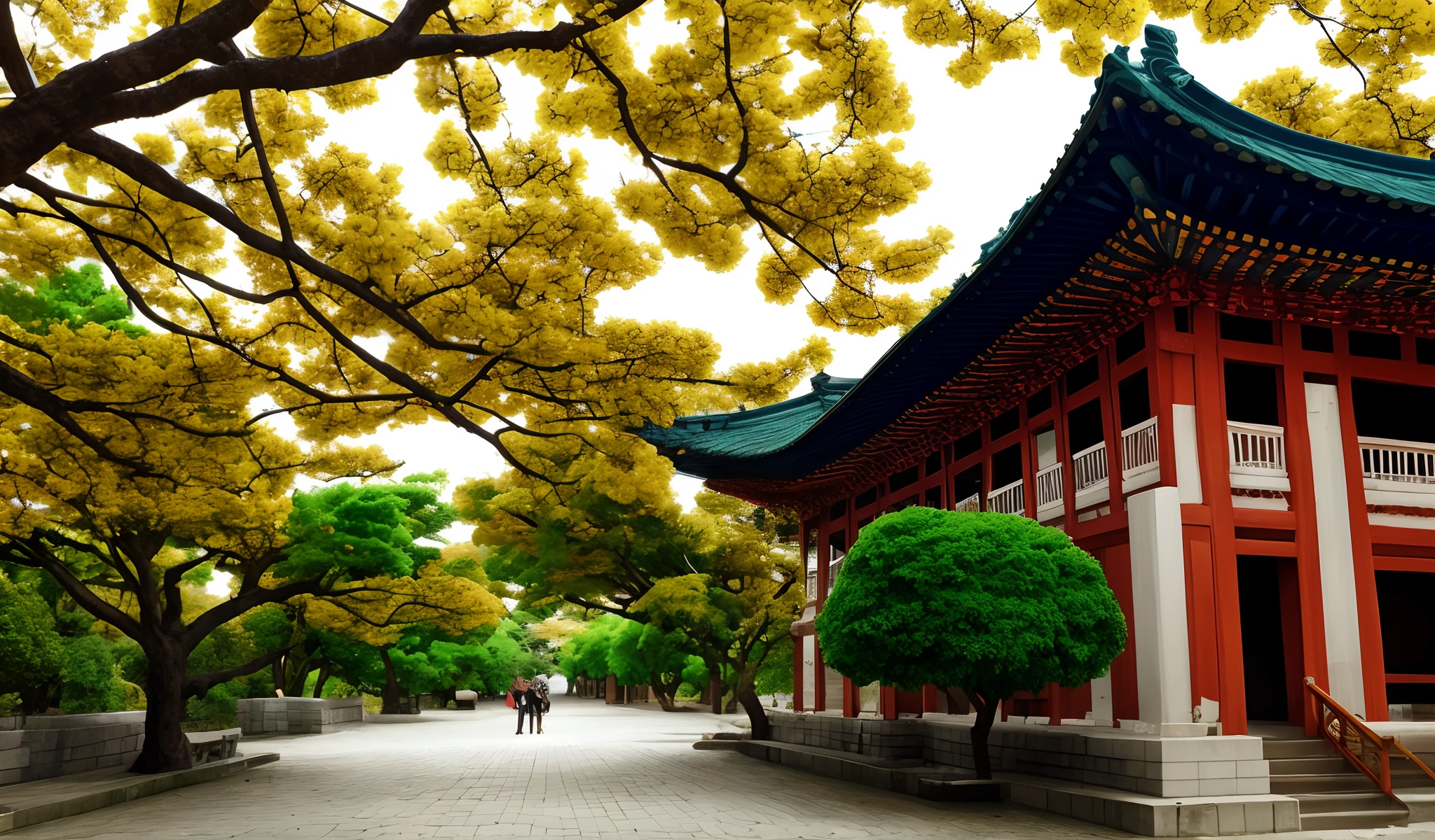 Korean Palace Orange Green Tree