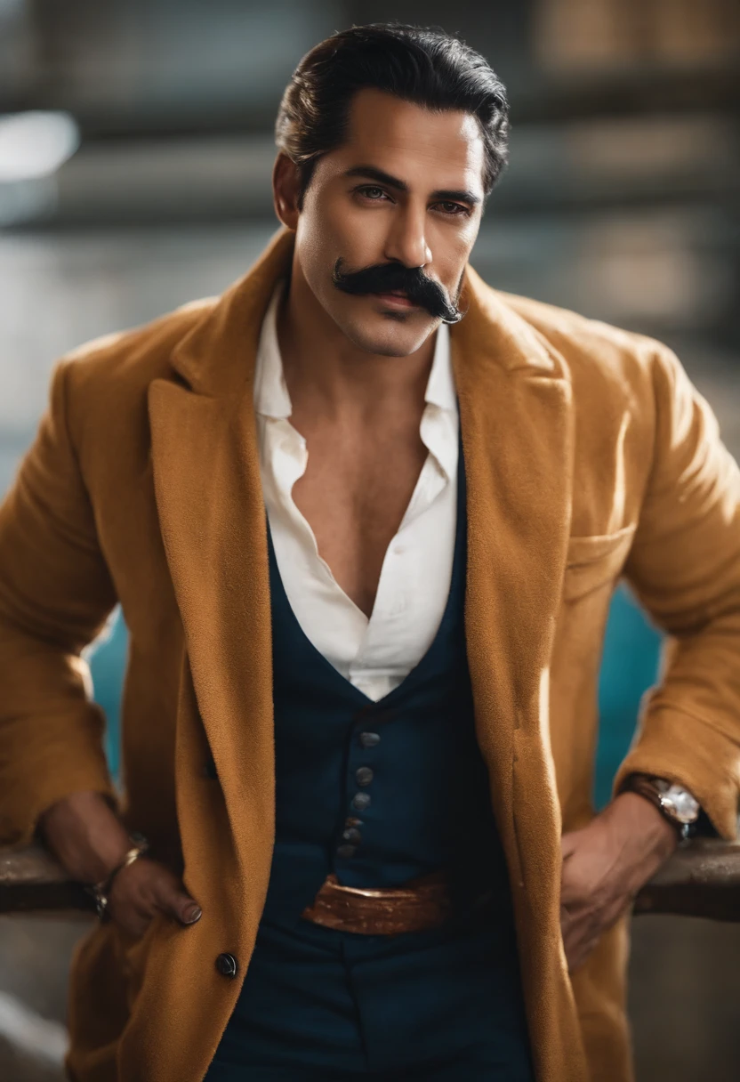 Homem com bigode e bigode em frente a uma parede, Bigode mexicano, com bigode, bigode grosso, bigode fino, sem barba e bigode, sem bigode, com bigode aparado, cavanhaque, cavanhaque grosso, 30 anos, 38 anos,anime, estilo anime, realidade, realista