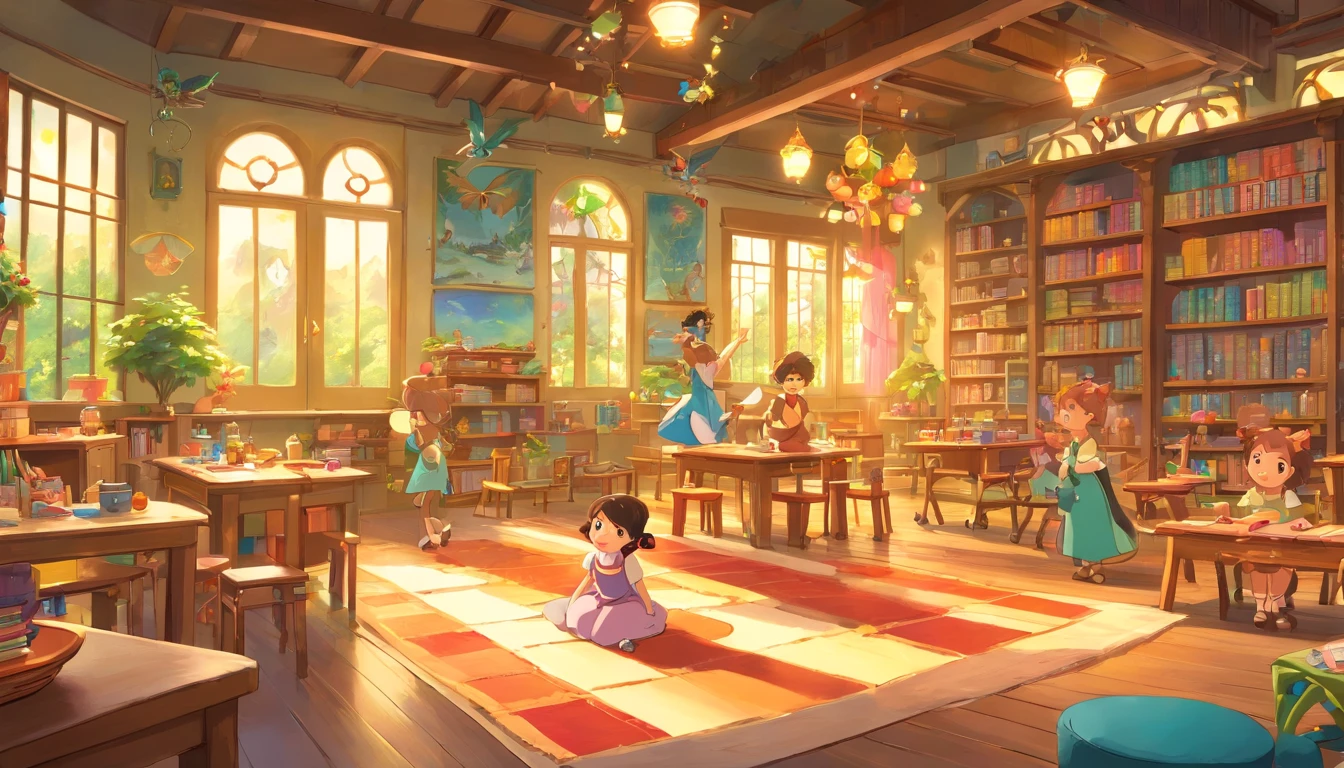 Disney style,kinder-garden,empty classroom,small desk and chairs in background,book shelfs on the sides,vibrant colors,soft lighting,toy helicopter,fairy tale characters,detailed illustrations,magical atmosphere,playful and cheerful,magical creatures,happy children running around,whimsical decorations,fantasy elements,joyful and lively scene,imagination and creativity,storybook feel,creative artwork,children's laughter and giggles,toy blocks,colorful murals,enchanted forest backdrop,magical paintings on the walls,adorable stuffed animals,sparkling twinkling lights,storybook props,plush cushions and rugs,fairytale princesses,fairy wings,pixie dust, dreamy ambiance,friendly and welcoming environment,playtime and learning combined,memories that last a lifetime,innocence and wonder.