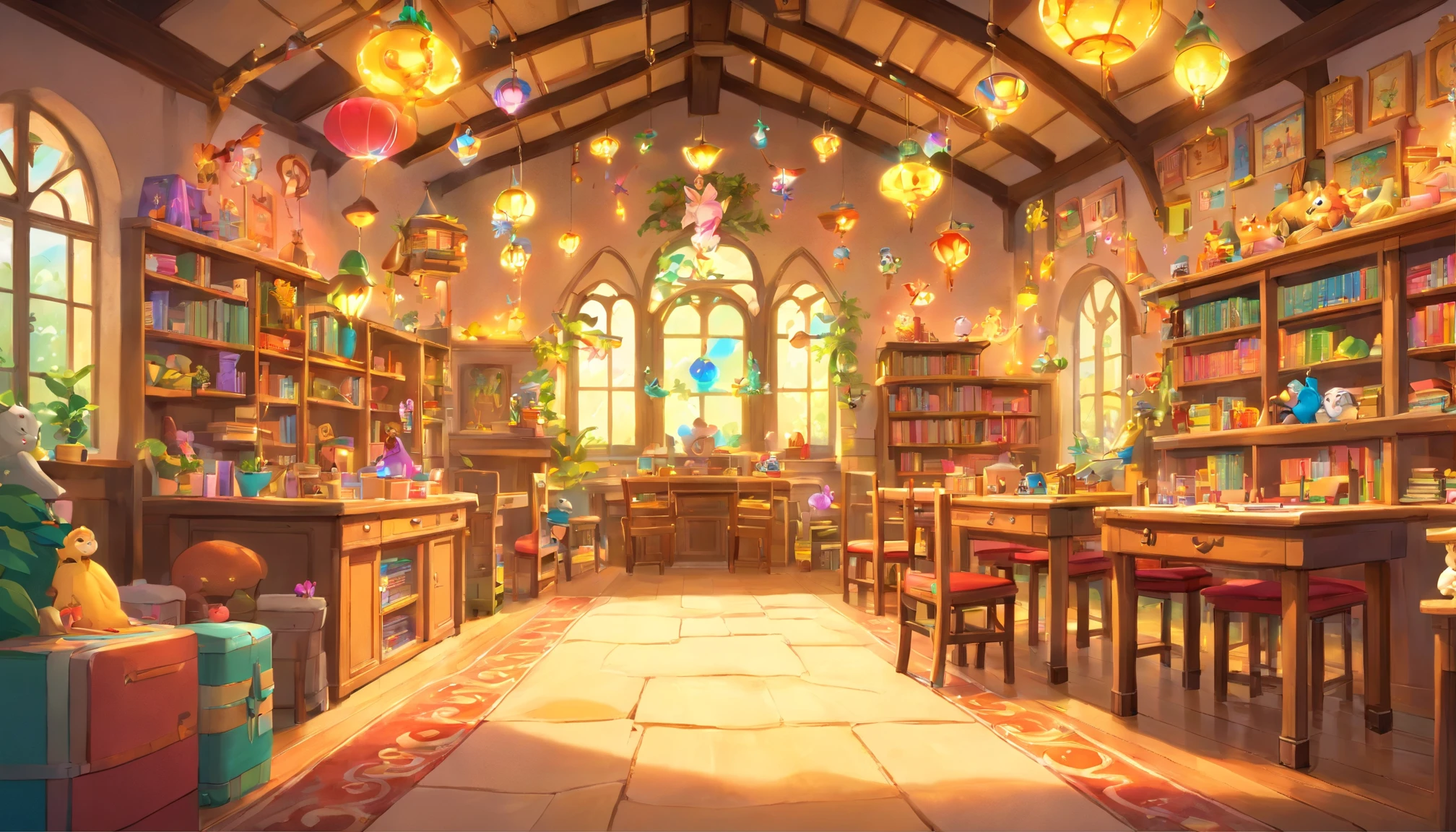 Disney style,kinder-garden,empty classroom,small desk and chairs in background,book shelfs on the sides,vibrant colors,soft lighting,toy helicopter,fairy tale characters,detailed illustrations,magical atmosphere,playful and cheerful,magical creatures,happy children running around,whimsical decorations,fantasy elements,joyful and lively scene,imagination and creativity,storybook feel,creative artwork,children's laughter and giggles,toy blocks,colorful murals,enchanted forest backdrop,magical paintings on the walls,adorable stuffed animals,sparkling twinkling lights,storybook props,plush cushions and rugs,fairytale princesses,fairy wings,pixie dust, dreamy ambiance,friendly and welcoming environment,playtime and learning combined,memories that last a lifetime,innocence and wonder.