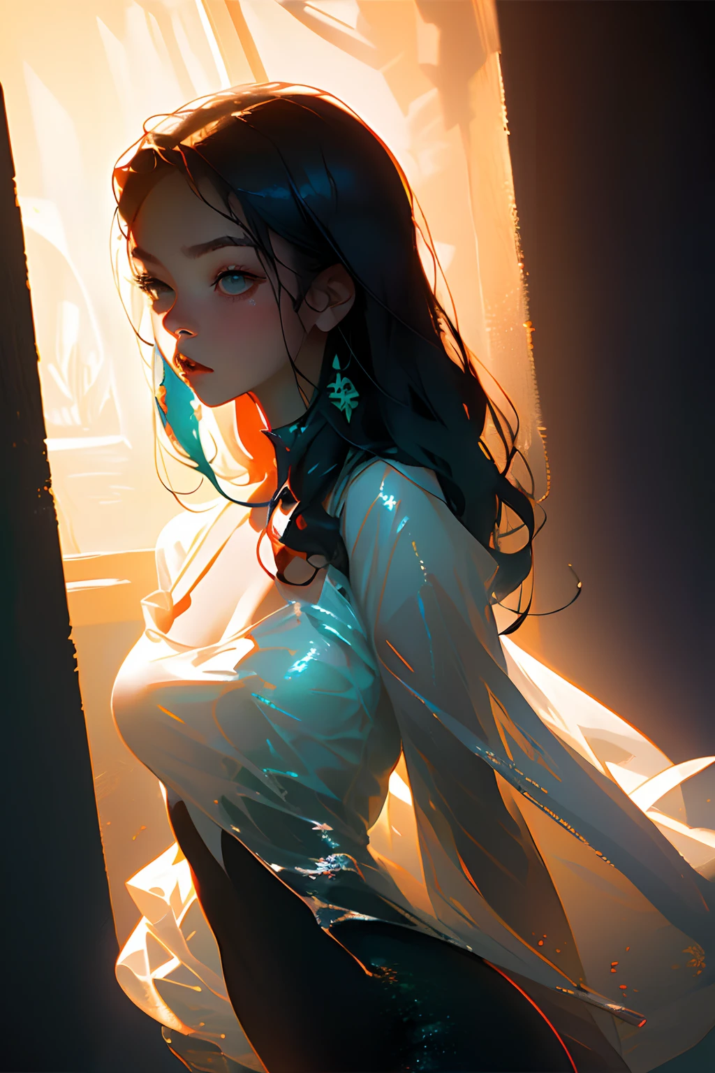 top-quality、masterpiece、超A high resolution、(Photorealsitic:1.5)、Raw foto、1girl in、off shoulders、murky、deep-shadows、Unobtrusive、cold light、sexy appearance、shorth hair、barechested、s girl