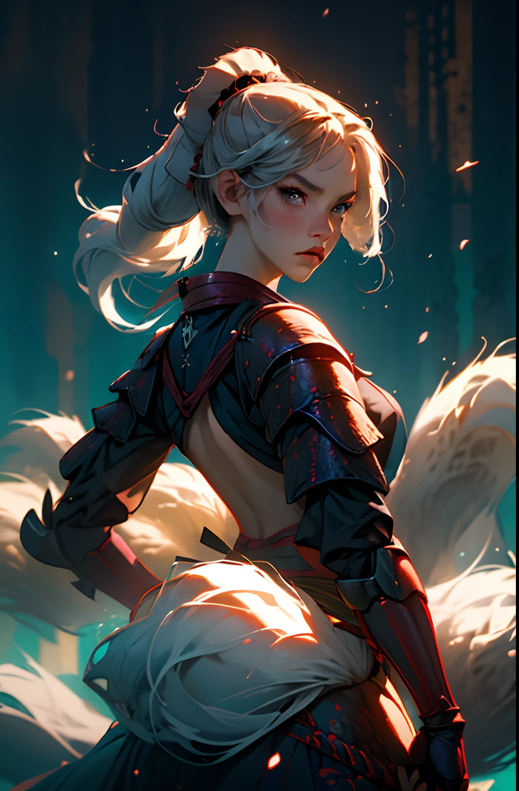 (best quality, masterpiece), 1girl, samurai, particle, wind, looking at viewer, fox ear, monsters in background, backlighting, upper body, pose