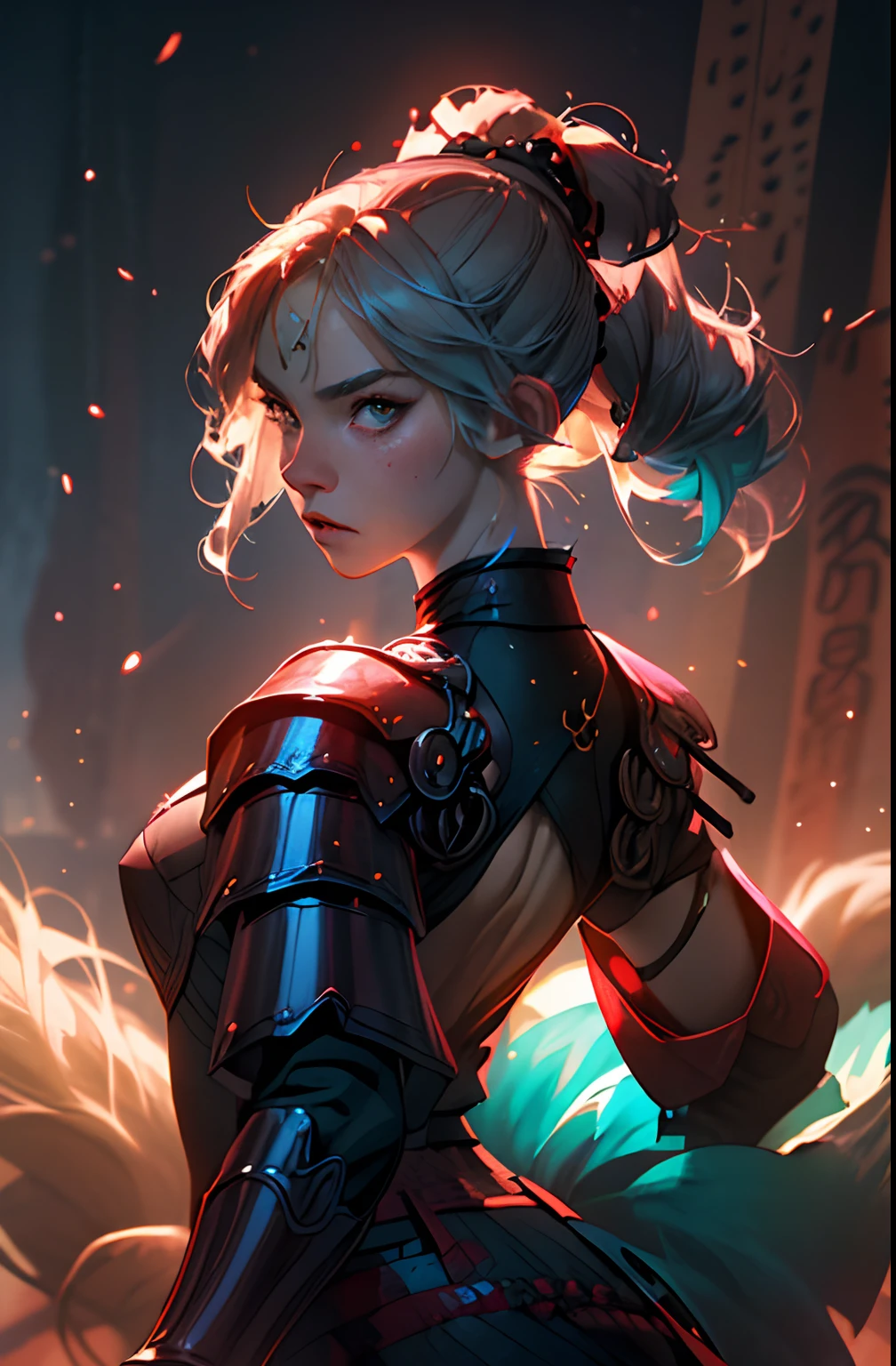 (best quality, masterpiece), 1girl, samurai, particle, wind, looking at viewer, fox ear, monsters in background, backlighting, upper body, pose