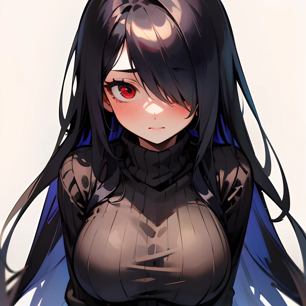 1girl, dark setting, cinematic lighting, hypnosis, mind control, arms at sides, facing viewer, [ahegao], smile, medium breasts, blank stare, red eyes, long black hair