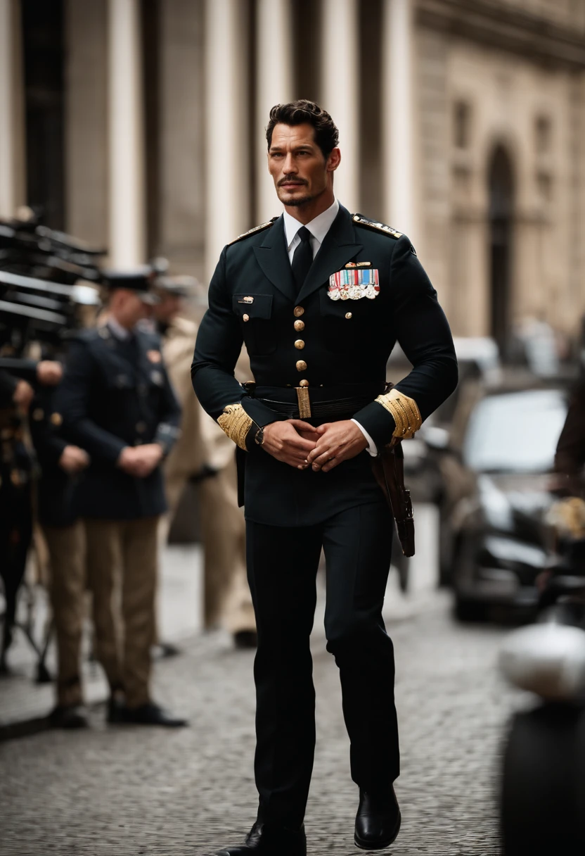 (best quality,Alto),o jovem David Gandy vestido de policial do exercito sexy, olhar intenso,pequeno sorriso malicioso, segurando algemas, olhando para a camera. olhar sedutor, corpo forte e musculoso, usando um uniforme do exercito brasileiro