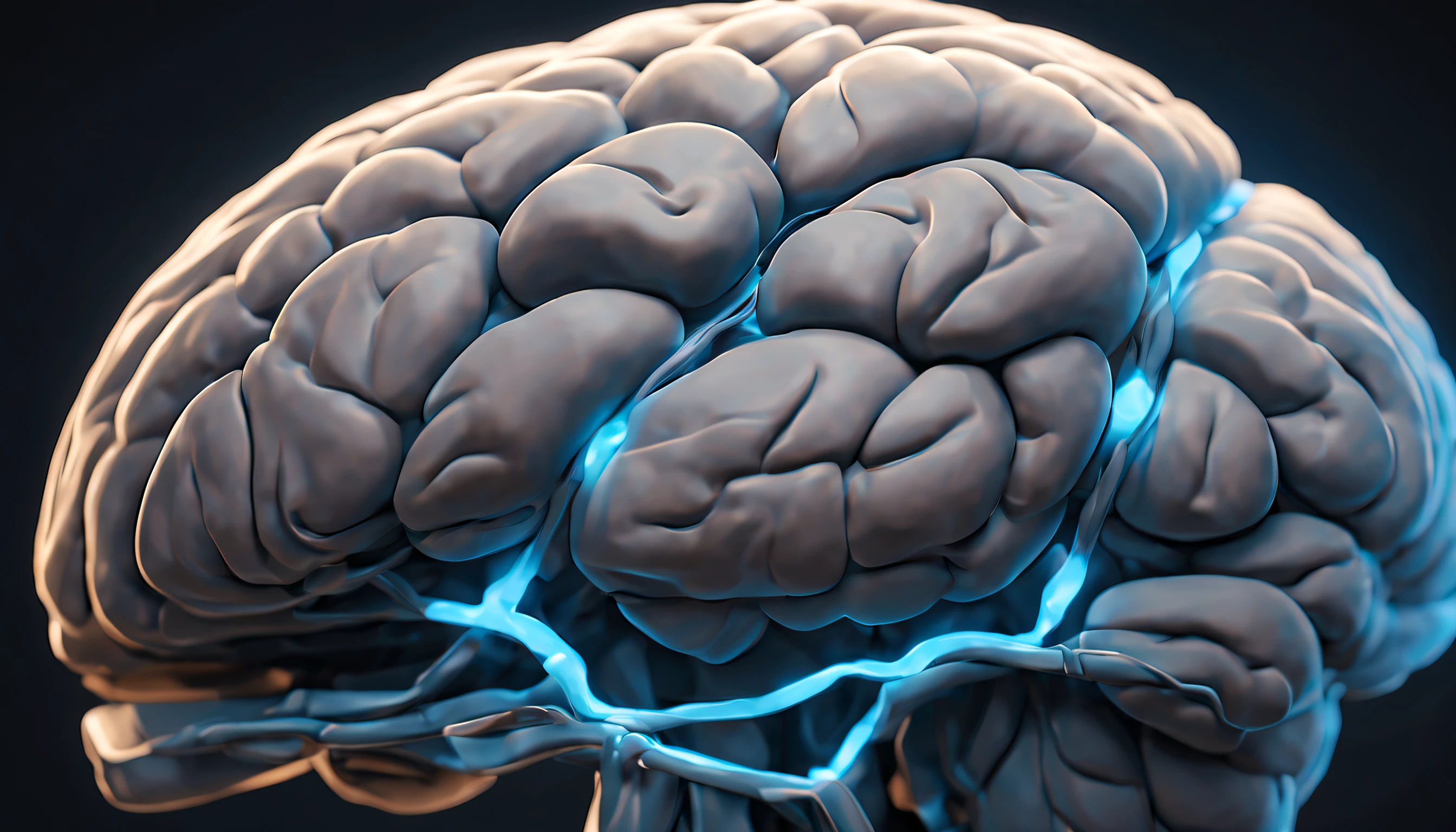 fundo preto, 3D Brain, side view, Electric Blue Lights, Ultra alta qualidade, Detalhes altos