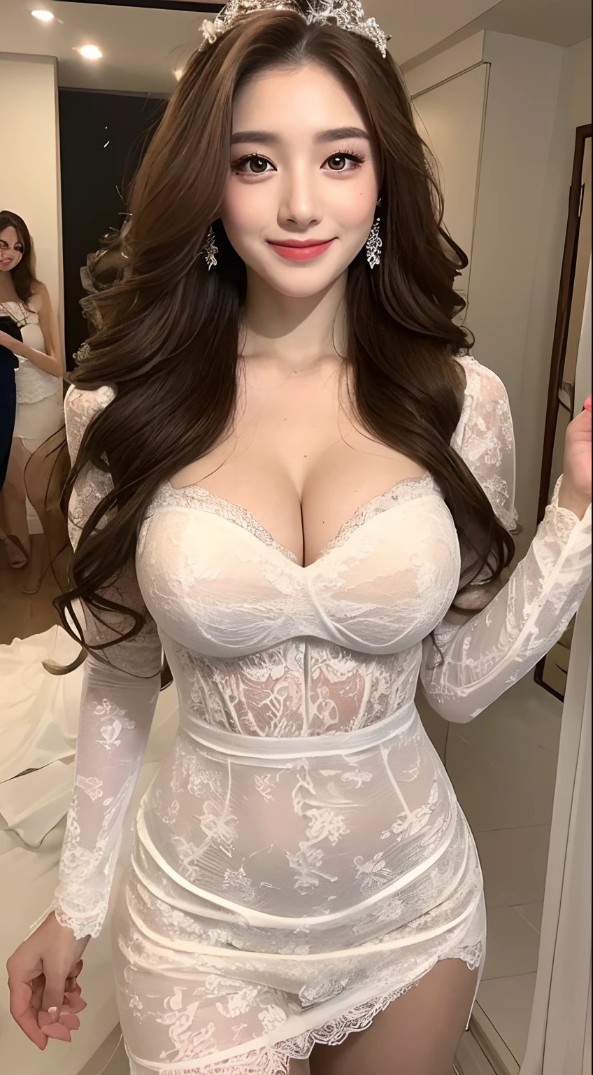 ((Best Quality, 8K, Masterpiece: 1.3)), 1girl, Perfect Body Beauty: 1.3, (Long Random Hairstyle Casual), (( Long Wavy Brown Hair)), (Queen), (Exposed Big Breasts), (Wedding Dress), Super Fine Face, Fine Eyes, Double Eyelids, Smile, Short Skirt, Lace Panties,