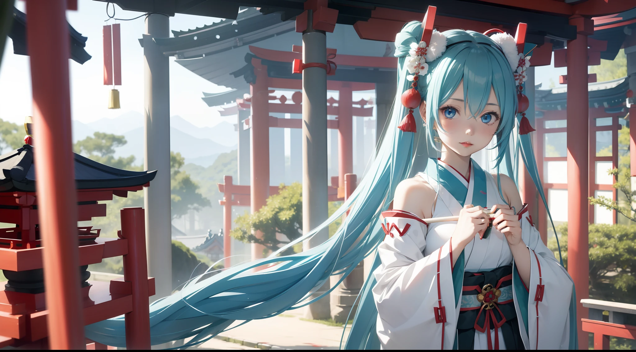 Hatsune miku, shrine, miko, priestess ((traditional from Japan)) , blue eyes , blue hair , red lips , beautiful girl , 1girl , holding ceremonial staff