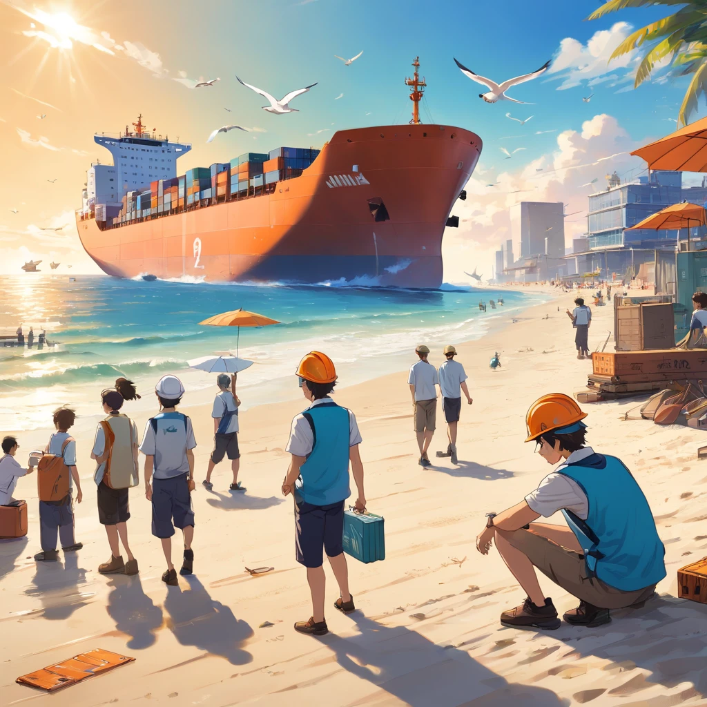 (best quality,4k,8k,highres,masterpiece:1.2),ultra-detailed,(realistic,photorealistic,photo-realistic:1.37),wide dimension: width 3 meters,length 6 meters, beach with good sunlight, cargo ship sailing on the sea, airplane in the sky, 3 young men standing in front wearing work clothes, detailed eyes, detailed lips, extremely detailed eyes and face, long eyelashes, 3 men, background with a container ship, fine sand, turquoise water, clear blue sky, bright sunlight, men wearing orange reflective vests, hard hats, work boots, cargo containers on the beach, shipping containers stacked in the distance, palm trees lining the shore, waves gently lapping the sand, men holding blueprints and gesturing, beach chairs and umbrellas in the background, construction equipment and tools nearby, seagulls flying overhead, the cargo ship with colorful containers, airplane leaving contrails in the sky, soft golden light bathing the scene in warmth, vibrant colors, beachgoers enjoying the sun and surf, a sense of industriousness and teamwork, a dynamic and bustling atmosphere.