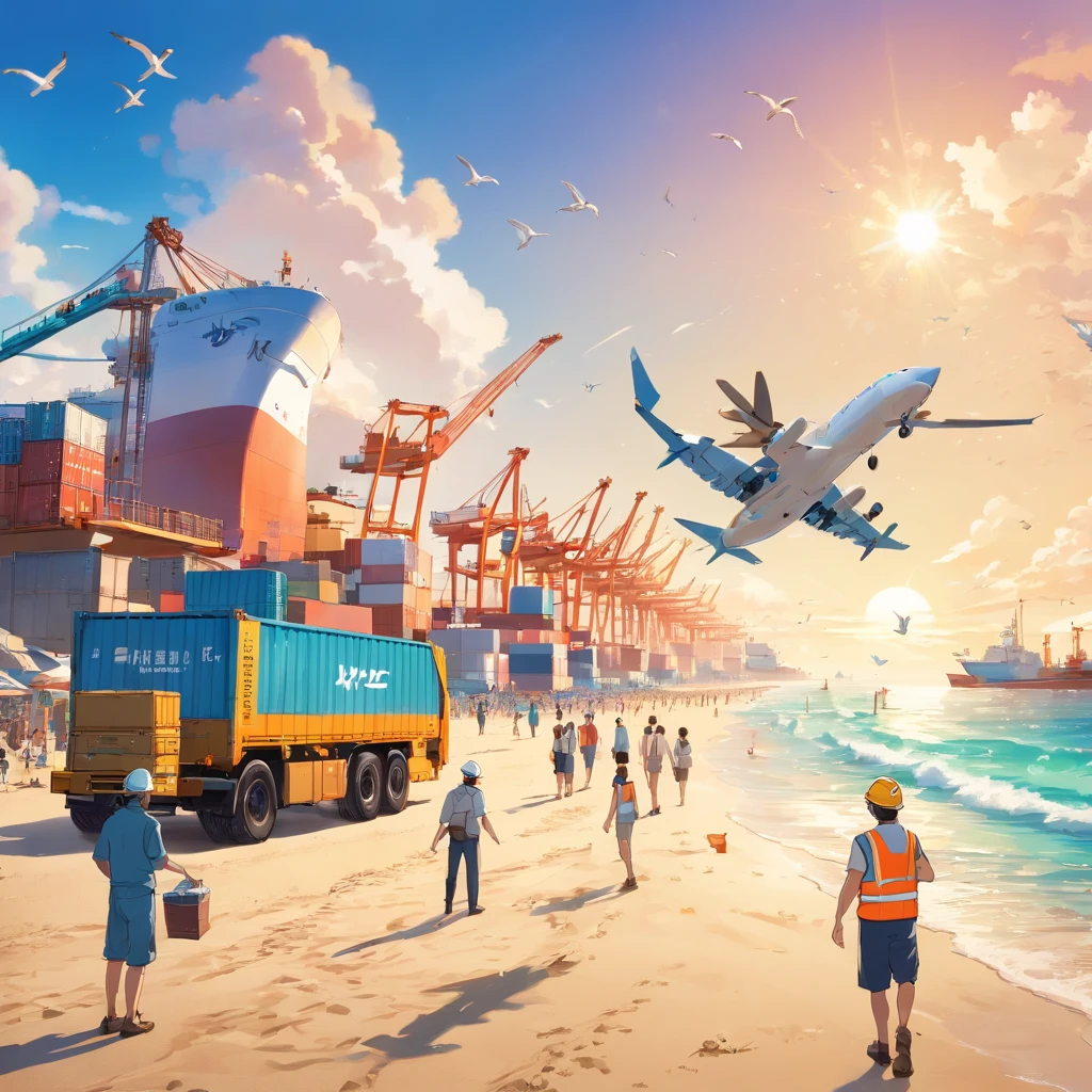 (best quality,4k,8k,highres,masterpiece:1.2),ultra-detailed,(realistic,photorealistic,photo-realistic:1.37),wide dimension: width 3 meters,length 6 meters, beach with good sunlight, cargo ship sailing on the sea, airplane in the sky, 3 young men standing in front wearing work clothes, detailed eyes, detailed lips, extremely detailed eyes and face, long eyelashes, 3 men, background with a container ship, fine sand, turquoise water, clear blue sky, bright sunlight, men wearing orange reflective vests, hard hats, work boots, cargo containers on the beach, shipping containers stacked in the distance, palm trees lining the shore, waves gently lapping the sand, men holding blueprints and gesturing, beach chairs and umbrellas in the background, construction equipment and tools nearby, seagulls flying overhead, the cargo ship with colorful containers, airplane leaving contrails in the sky, soft golden light bathing the scene in warmth, vibrant colors, beachgoers enjoying the sun and surf, a sense of industriousness and teamwork, a dynamic and bustling atmosphere.