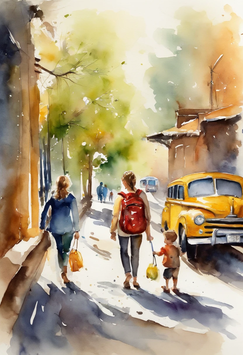 Mother takes her son to school, school bus, splashes, estilo aquarela