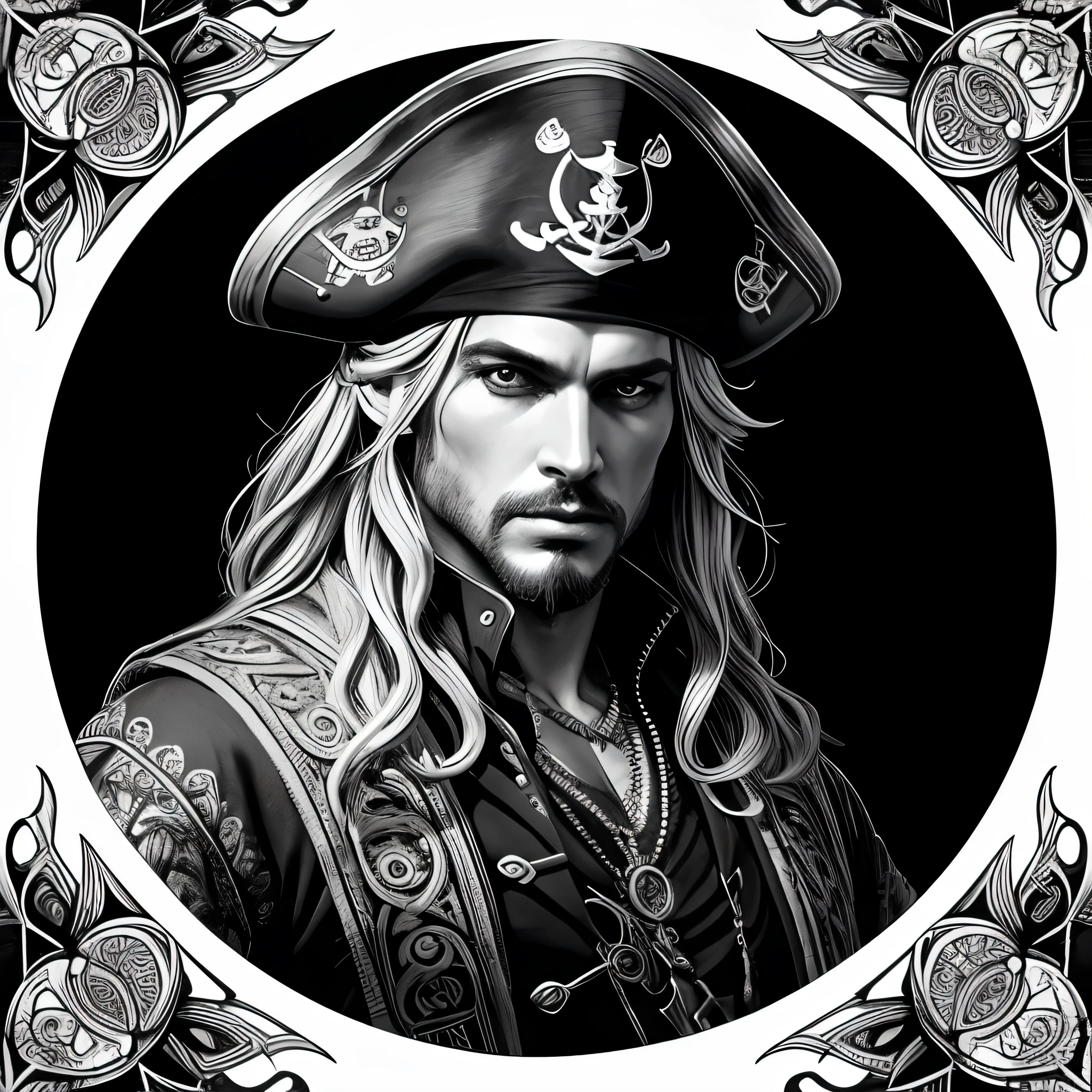 Centred potrait of a male Pirate, black and white, zentangle (best quality) ultra-detailed, fine line drawing, fine line art, coloring book illustration style, intricate linework, highly detailed illustration, perfect composition, beautiful and stunning, dynamic angle, high contrast, incredible shading, incredible detail, unique style, black and white details, (dark and mystical atmosphere), intricate and detailed nature elements.