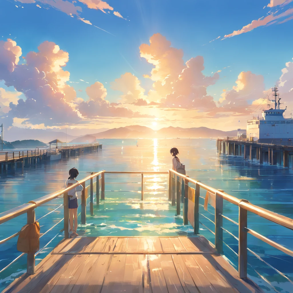 (best quality,4k,highres,masterpiece:1.2),medium:illustration,beach scenery,3m wide and 6m long,container ship sailing on the sea,prominent characters of 3 young men wearing work clothes,stunning beach landscape,beautiful azure blue ocean,crystal-clear water,lush palm trees swaying in the breeze,tropical vibes,vibrant colors,soft golden sunlight illuminating the scene,exquisite attention to detail,realistic textures and shadows,pier stretching into the horizon,vivid reflections on the water's surface,enjoying the perfect summer day,sense of adventure and exploration,expansive sky filled with fluffy white clouds,serene and peaceful atmosphere,hint of excitement and anticipation,attention-grabbing composition and dynamic composition,hint of coastal breeze caressing their faces,captivating perspective and depth,impressive scale and grandeur,awe-inspiring scenery.