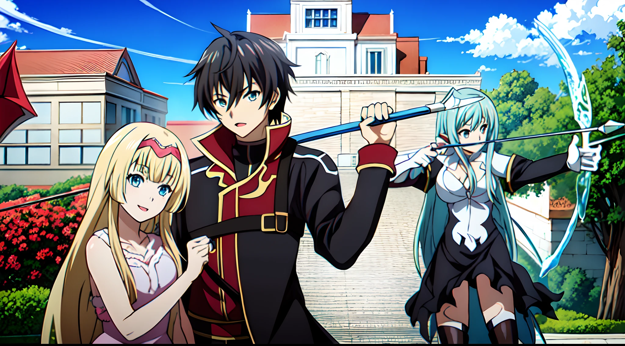 Anime characters are posing for a photo in front of a house, popular Isekai anime, Anime Estilo Estrela, anime em estilo fantasia, Isekai, cel anime sombreado, top 25 fantasy anime series, Arte de Espada Online, estilo anime como destino/noite de estadia, visual novel cg |, estrela, Epic anime style, highschool dxd, Kirito