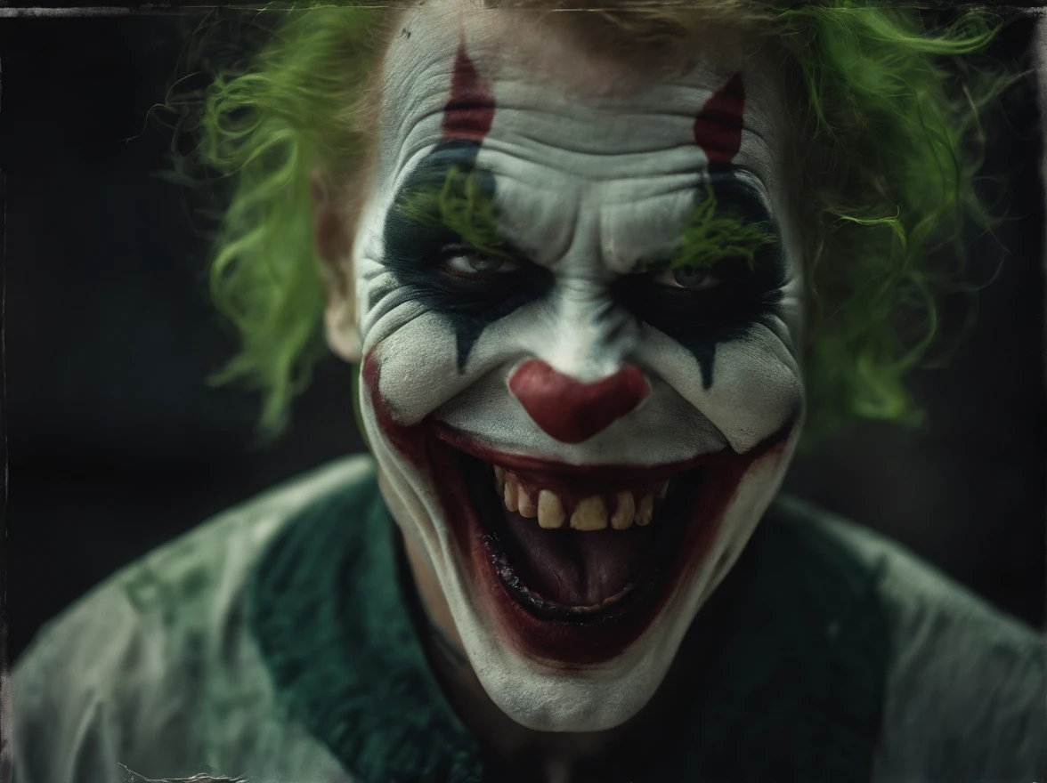 (best quality,ultra-detailed,realistic:1.37),dark and twisted,green-haired Joker's malevolent grin,horrifyingly detailed face,maniacal expression,perverse smile,evil laughter,mischievous eyes,sinister charm,distorted laughter,insanity lurking beneath the façade,jarring presence,disturbing essence,villainous character,psychopathic portrayal,chaotic aura,piercing gaze,macabre personality,sinister intentions,wild and unkempt hair,menacing aura,twisted sense of humor,pale white skin,distorted and exaggerated features,twisted soul,horrifyingly delightful,crazed maniac,unsettling presence,insidious energy,green-dyed hair,the embodiment of chaos,demented clown,lunatic genius,deranged mastermind,disturbed and twisted mind,devious schemes,dark secrets concealed behind his wicked smile,unsettlingly captivating,playful malice,green locks that mirror his twisted soul