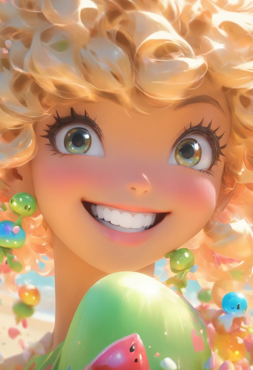 A woman in a bikini, Pixar-style, in the style of luminous three-dimensional objects, has a cartoon smile, with beautiful eyes, dark skin and pink cheeks, a winning photo in the community competition, long strawberry, holding the edge of her dress with both hands, slightly raised, - blonde hair, Dorn, very curly blonde hair, beach feelings, iridescence/Gloss, Ultra Detailed Realistic Picture, 16K - Expressive Style - Negi 5, Best Quality, High Quality, High Resolution, Reinforcement Details