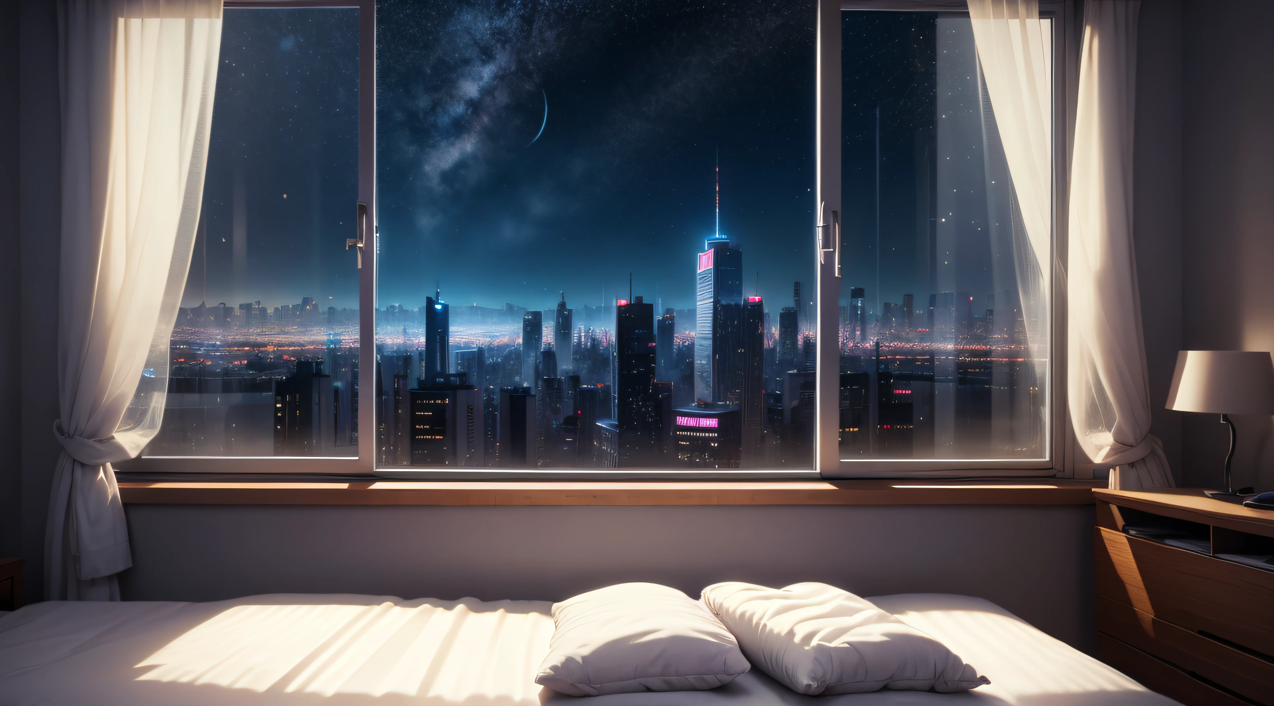 Bustling city outside the window,cyber punk perssonage,There is a bed in front of the window,Electronic clock,the night,messy rooms,A sky full of stars