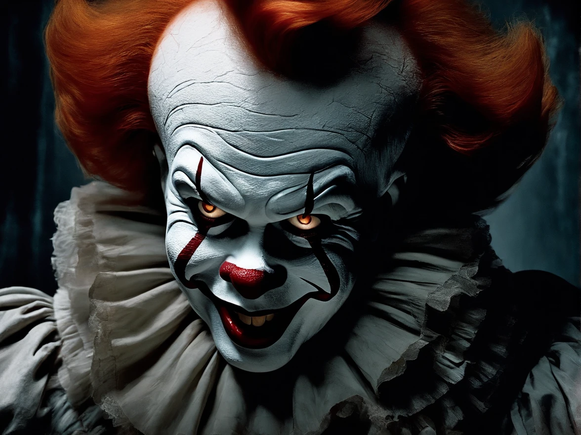 cinematic film still of  <lora:Kodak Motion Picture Film Style:1.2>
Best Anamorphic-lens Cinematography a creepy IT clown with a red hair and a white face staring at someone with creepy yellow eyes in the night Anamorphic format Kodak Motion Picture Film Style, shallow depth of field, vignette, highly detailed, high budget, bokeh, cinemascope, moody, epic, gorgeous, film grain, grainy