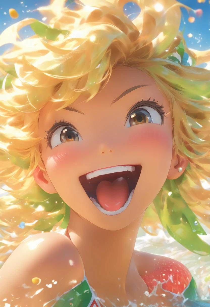 全裸の女性, The upper part of the body、pixer style, In the style of bright three-dimensional objects, There is a cartoon smile, With beautiful eyes, Black skin and pink cheeks, Community Competition Winning Photo, Long strawberry, slightly raised, - Blonde hair, thorn, Very curly blonde hair, Beach Feel, Iridescence/Gloss, Ultra-detailed realistic images, 16K - Expression Style - Leek 5, Best Quality, High quality, High resolution, Reinforcement details