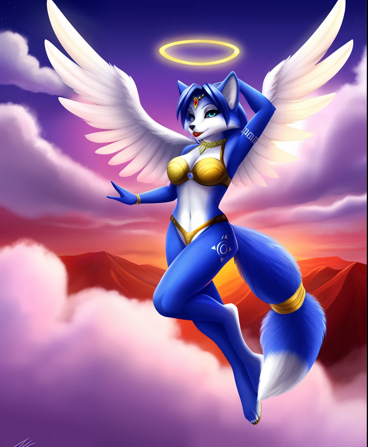 Krystal fox as an angel, halo, white soft wings, red lipstick, flying, pink Heaven clouds and sky, gates
