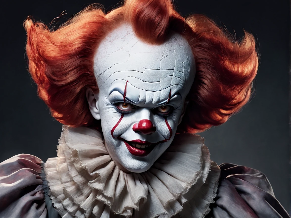 Craft a digital painting that emphasizes the eerie charm of Pennywise the Clown from Stephen King's "IT." Focus on capturing his iconic, malevolent grin, which conceals the darkness lurking beneath. Use a sinister color palette and shadowy lighting to create a sense of foreboding and unease. Let the unsettling details of his costume and the haunting allure of his expression take center stage in this portrayal.