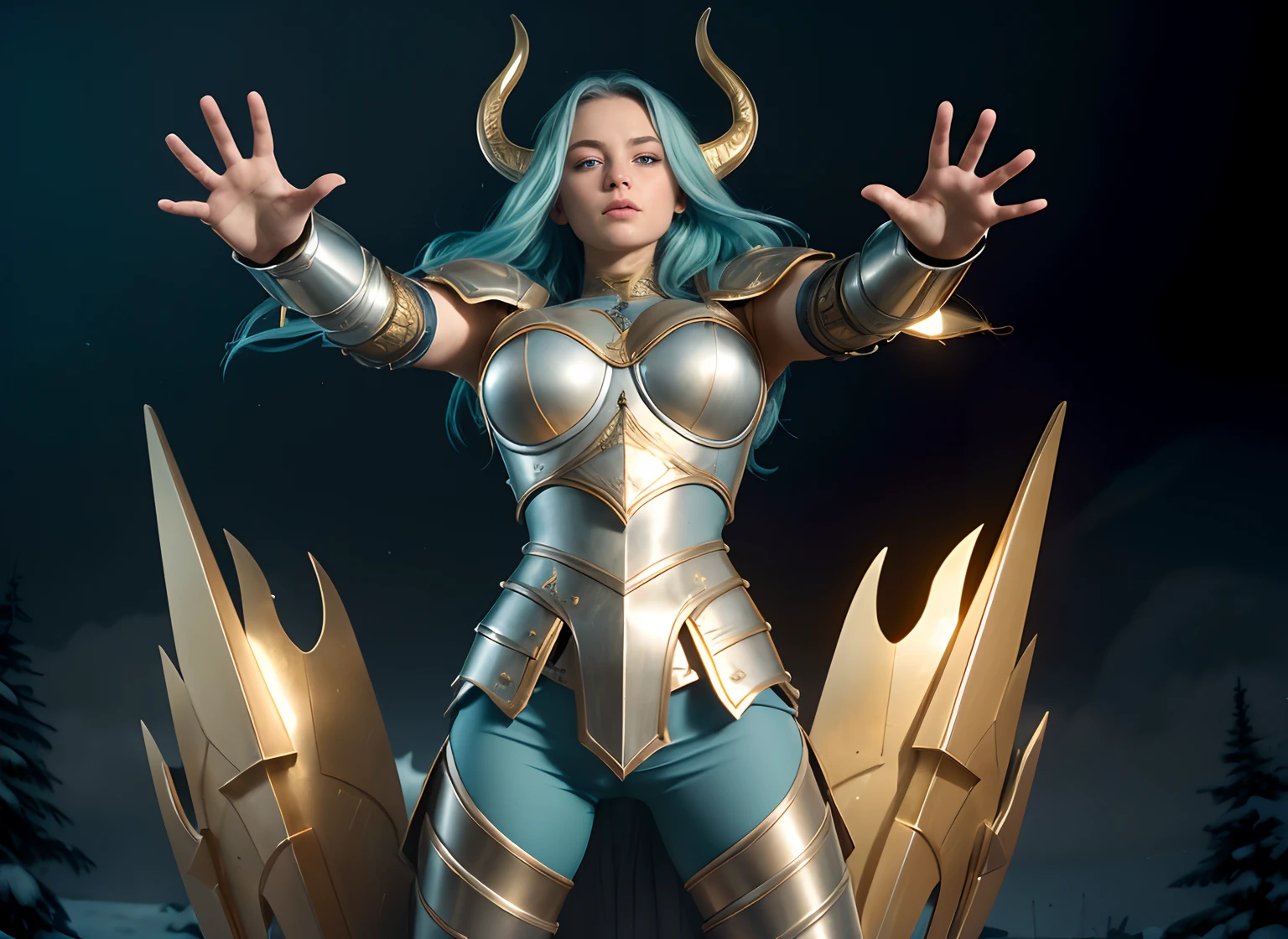 realistic), (cinematic shot), slightly low view. upper body of an beautiful young girl knight, 1girl, woman, in medieval armor, (detailed face), ((pretty big turquoise eyes)), with very long hair, (light blue hair), (long hair), ((messy hair)), ((bands)) blowing hair, (big breasts), near a snow castle at winter, golden armor, golden horns on helmet, (full body armor), ((bright intricate armor)), (light blue legging), ((crome gold armor)), (detailed armor, high quality), ((ornate armor)), (hdr), (noble), inspiring, film, cinematic lighting. ((light blue pants)). ((delicate face)). Full body-armor.( Enlongated armor skirt)). The most beautiful warrior. Ultrarealistic landscape.