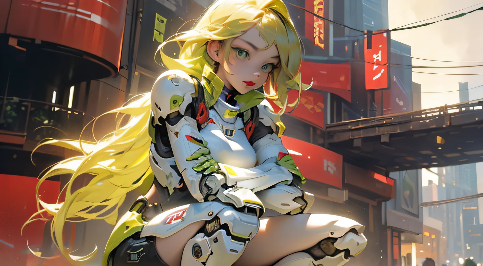 ((masterpiece)), one girl closeup, HDR, Hi Res, long blonde hair, green eyes, red lipstick, mecha musume, mecha armor, perfect face, perfect legs, perfect arms, perfect hands, crossed arms