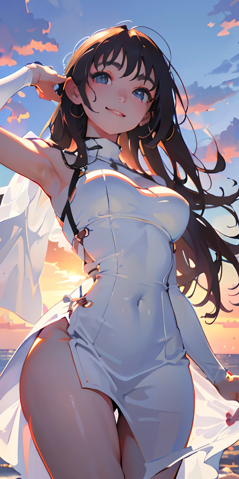 realisticlying、 girl、(Dynamic super close-up looking up from underground)、thighs are a little thicker、Emphasis on the thighs、(White fabric thin tight fit long dress wearing、Versatile sexy poses、Breasts enlarged、Face smile、Sunset Coast