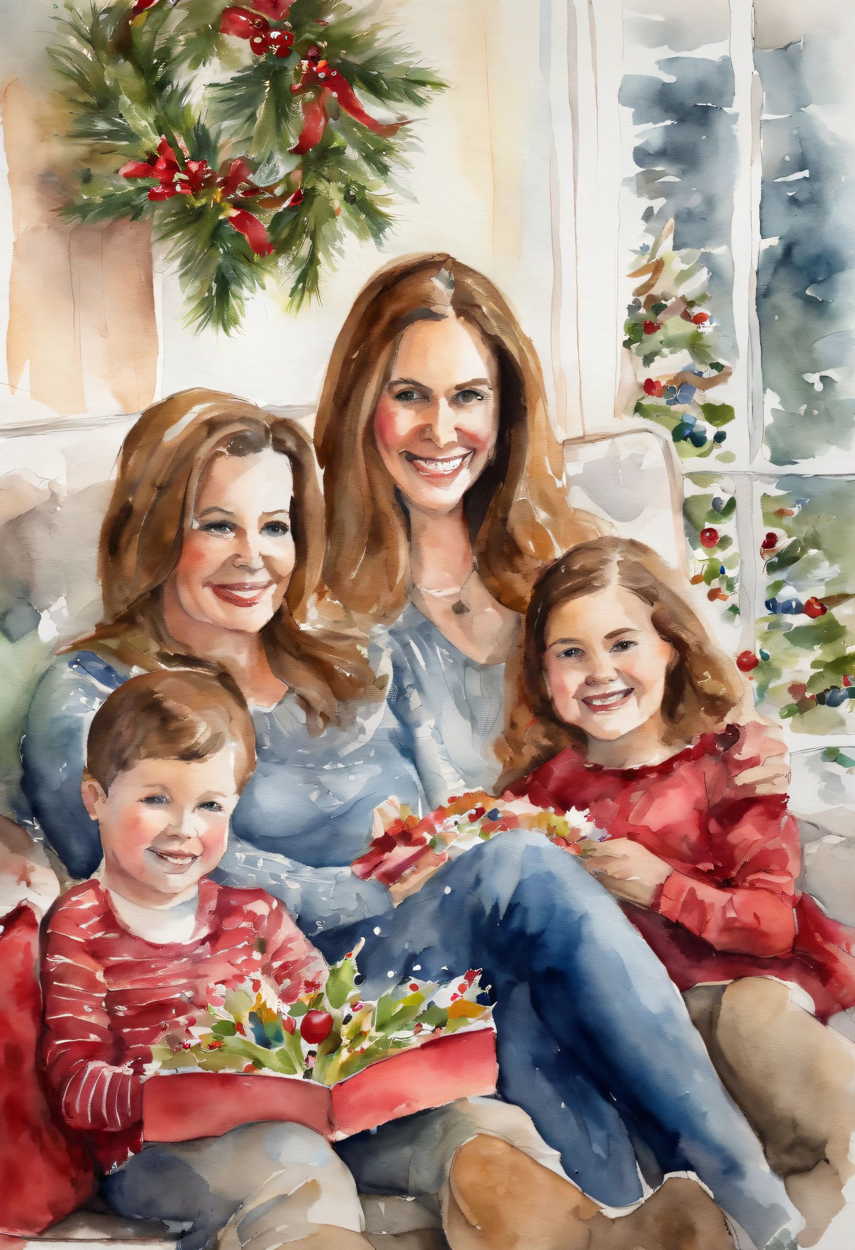 Family Christmas, mother, sala de estar, presentes, aquarela, splashes