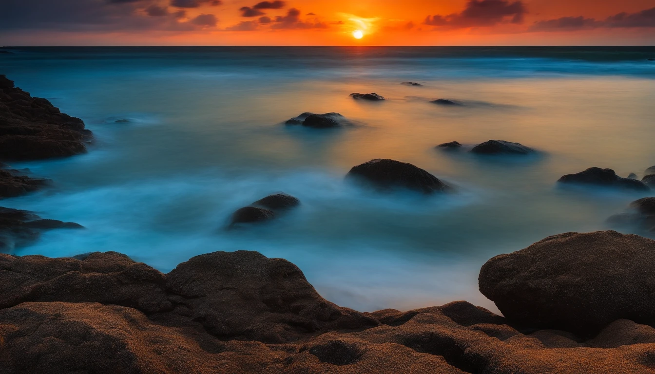 garoto sozinho no meio do mar ao por do sol