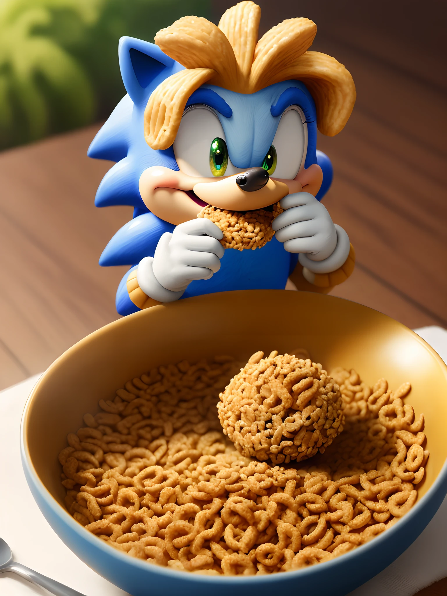 Photorealiatic sonic the hedgehog eating golden honey nut cheerios from a blue bowl