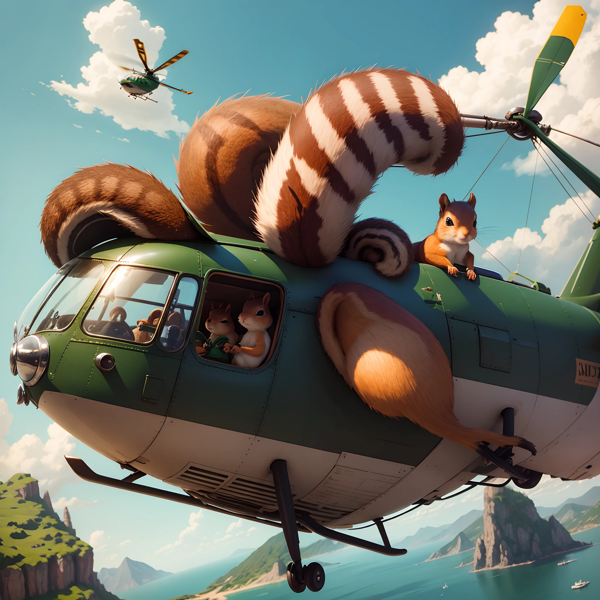 Little squirrel with a nut , Emerald City flying on a vintage helicopter