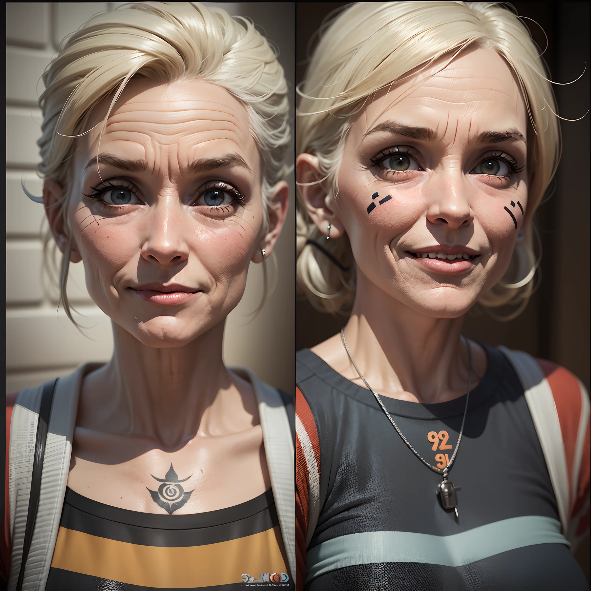 3D Pixar Style Animated Character Design, Different Facial Expressions of 80 Year Old Female Prison Wearing Striped Prison Clothes with Number Patch, Arm Tattoo, Character Sheet, Panache, Realistic 3D Rendering, High Definition Texture, Dramatic Lighting, Expressive Caricature, Different Facial Expressions grinning, dramatic, rich perspective. close-up. --auto --s2