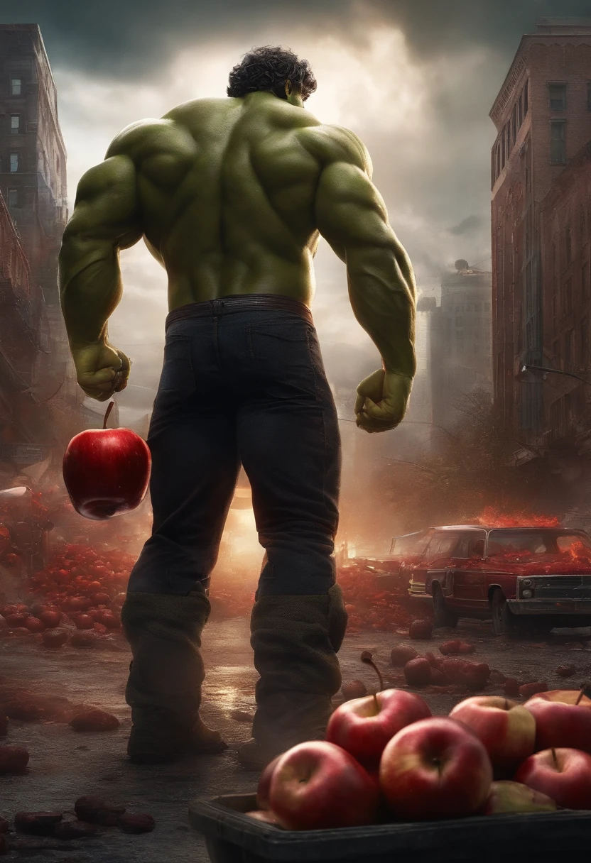 apocalyptic city, Lots of explosions, lightning coming down from the sky+ Hulk in pants carrying on his back basket with many red colored apples