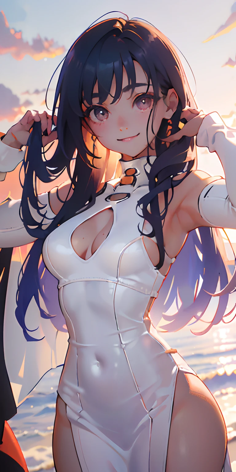 realisticlying、15 year old girl、(Dynamic super close-up looking up from underground)、thighs are a little thicker、Emphasis on the thighs、(White fabric thin tight fit long dress wearing、Versatile sexy poses、Breasts enlarged、Face smile、Sunset Coast