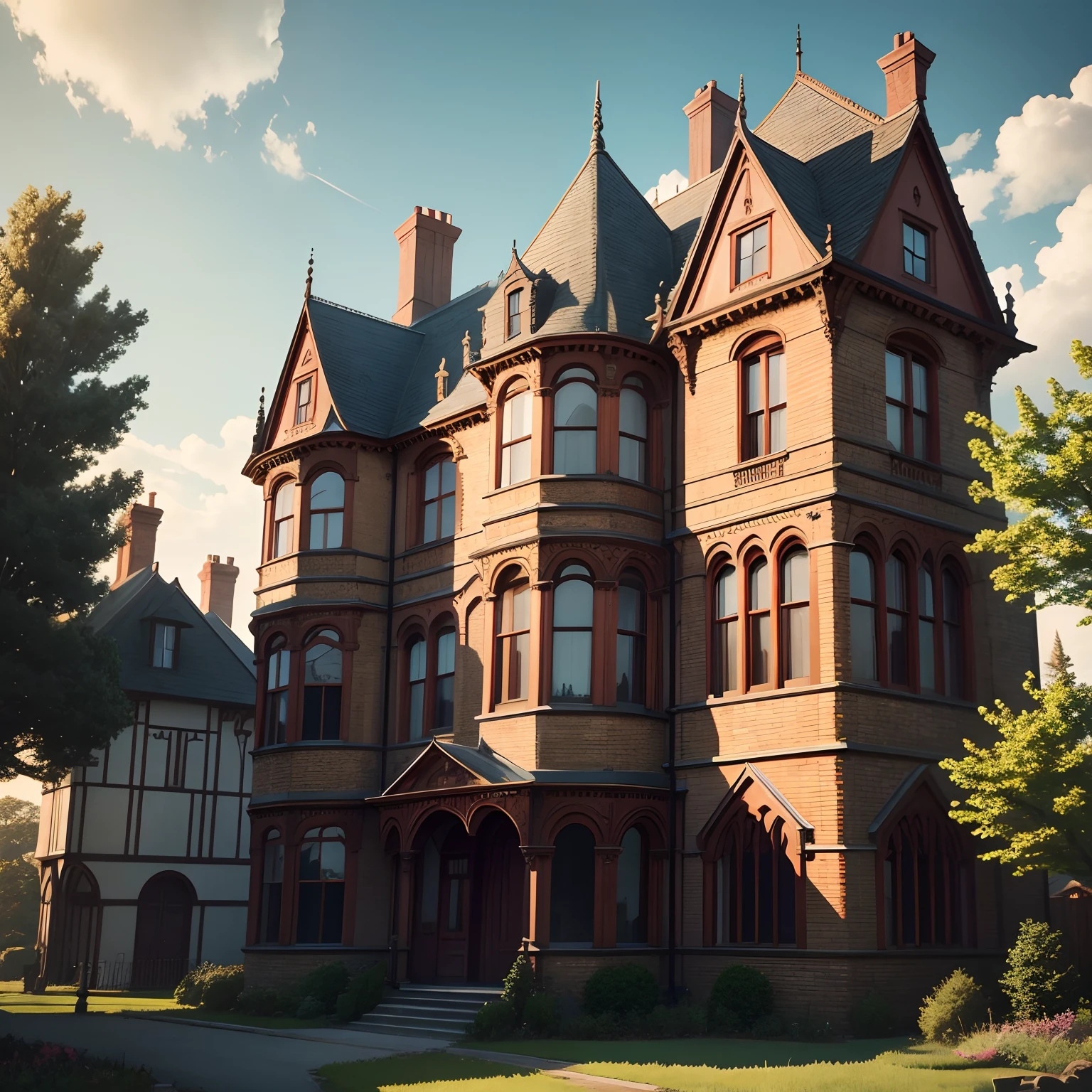 Several Victorian houses together near the countryside, gothic architecture, scenecy, Sem humanos, anime scenery