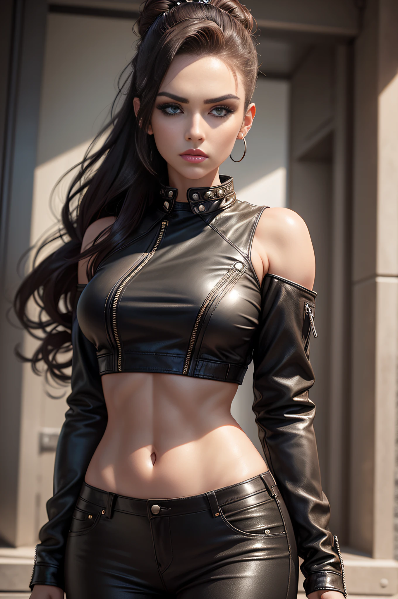 An ultra-realistic CG illustration of an american woman with a piercing gaze and bold makeup. She's wearing a leather jacket with a crop top, and her long hair is styled in a sleek updo.