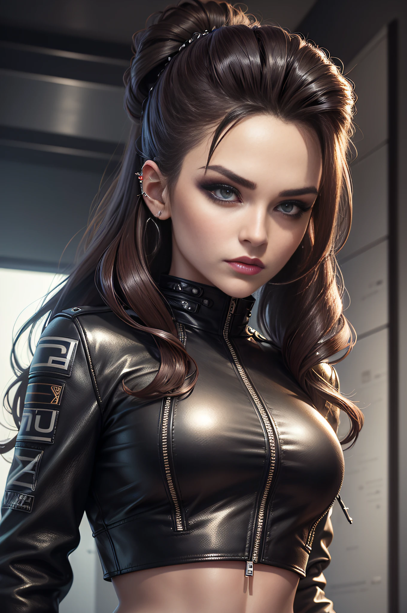 An ultra-realistic CG illustration of an american woman with a piercing gaze and bold makeup. She's wearing a leather jacket with a crop top, and her long hair is styled in a sleek updo.