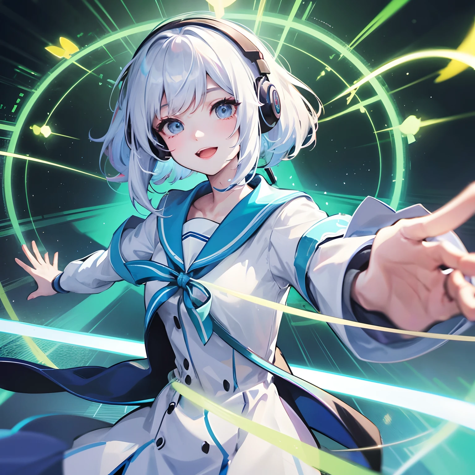 Girl Listening to a Song、Wearing headphones、Both hands are on the headphones、Rays of light run around the girl、mysterious background、Chromatic clothing、Bright background、a smile