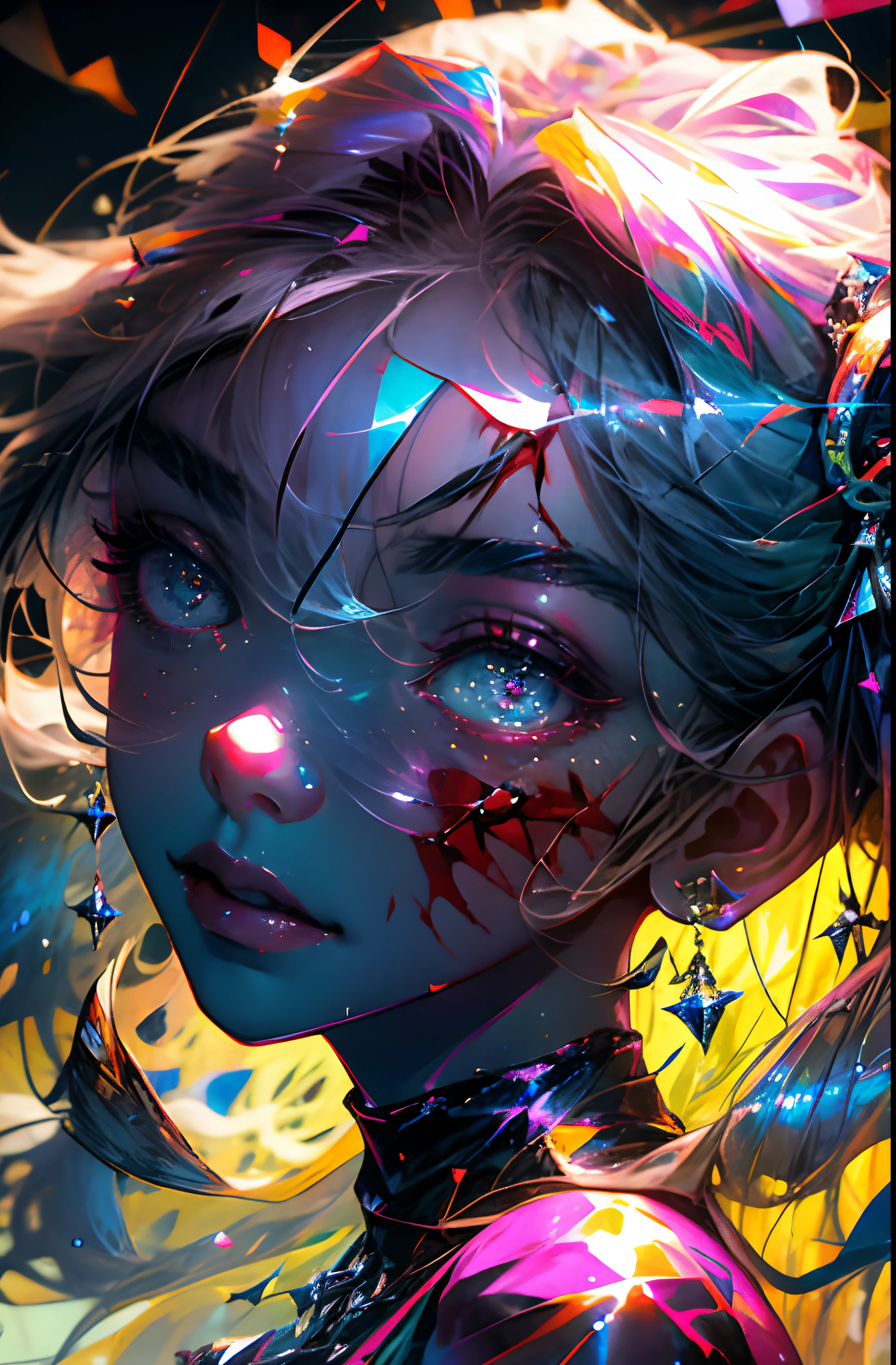 absurdres, 1girl,medium breast, star eye, blush, (realistic:1.5), (masterpiece, Extremely detailed CG unity 8k wallpaper, best quality, highres:1.2), (ultra_detailed, UHD:1.2), (pixiv:1.3), perfect illumination, distinct, (1girl:1.4), (bishoujo:1.2), looking at viewer, unreal engine, sidelighting, perfect face, detailed face, bangs, perfect body, beautiful eyes, pretty face, (bright skin:1.4), idol, (abs), ulzzang-6500-v1.1, (navel), ruins, dark place, night, dark aura, close-up, selfie, (blood on face:1.4), (evil smile:1.1)