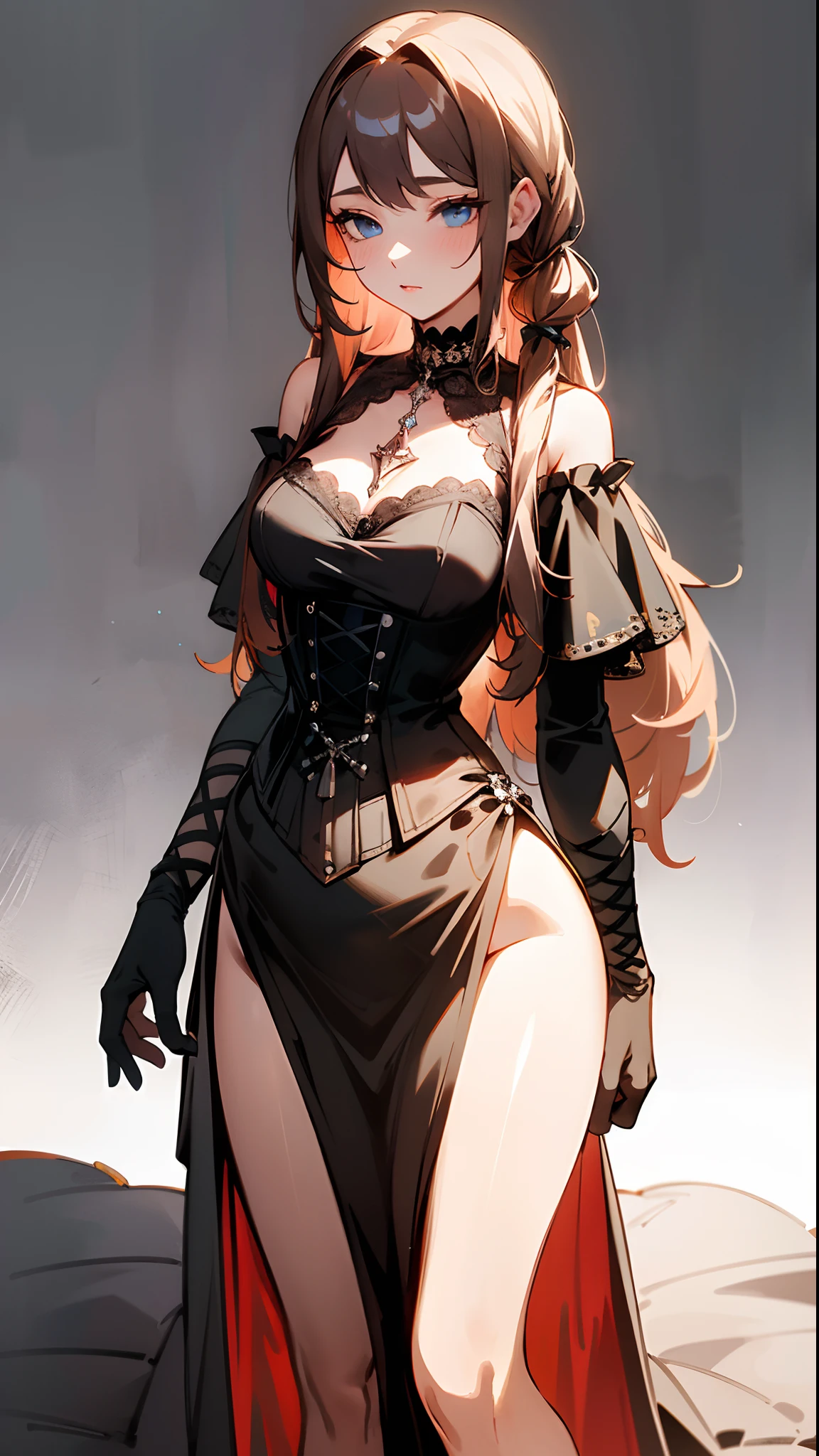(masterpiece, best quality:1.3),beautiful detailed glow,best illuminate,(((best quality,textile shading,ultra detailed))),extremely detailed CG unity 8k wallpaper,Highly Detailed beautiful and aesthetic,best light,high resolution,detailed,dynamic lighting , 1Character , pastel washed out colors , cell shade , soft, muted shades ,gentle colors ,
She wears a form-fitting, off-shoulder black corset with intricate lace details and silver grommets, The corset cinches at her waist, accentuating her hourglass figure, a floor-length, layered black tulle skirt that flows gracefully, The skirt is adorned with silver sequins, silver spiked choker, multiple silver rings, and a multitude of black lace gloves,
A stunning woman , extremely long hair , reddish brown hair , hair in pig tails , straight hair , baby blue eyes , large chest , ((wearing a tight dress)), age 34,