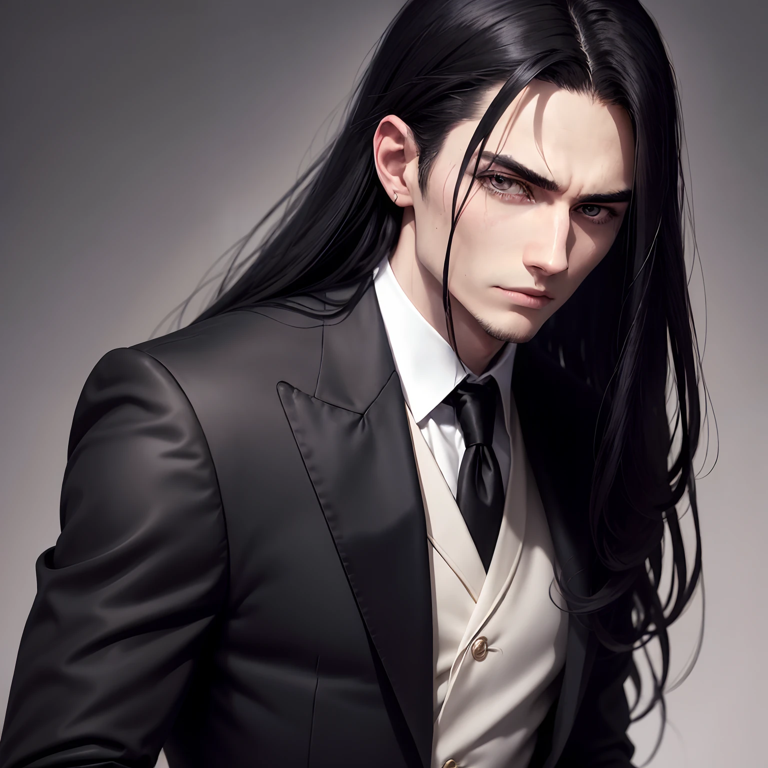 Long straight black haired athletic build human male holding a crow and crying alone in the dark. Pale skin dark eyes thick lashes high cheek bones smooth chin in an old fashioned black suit. Black and white palate. Striking eyes. Black tears. Very handsome. No flaws.