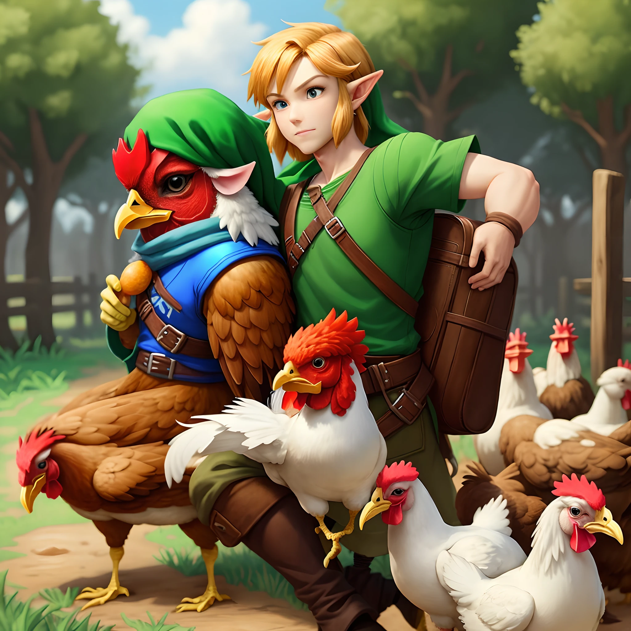 Legend of Zelda link carrying chickens