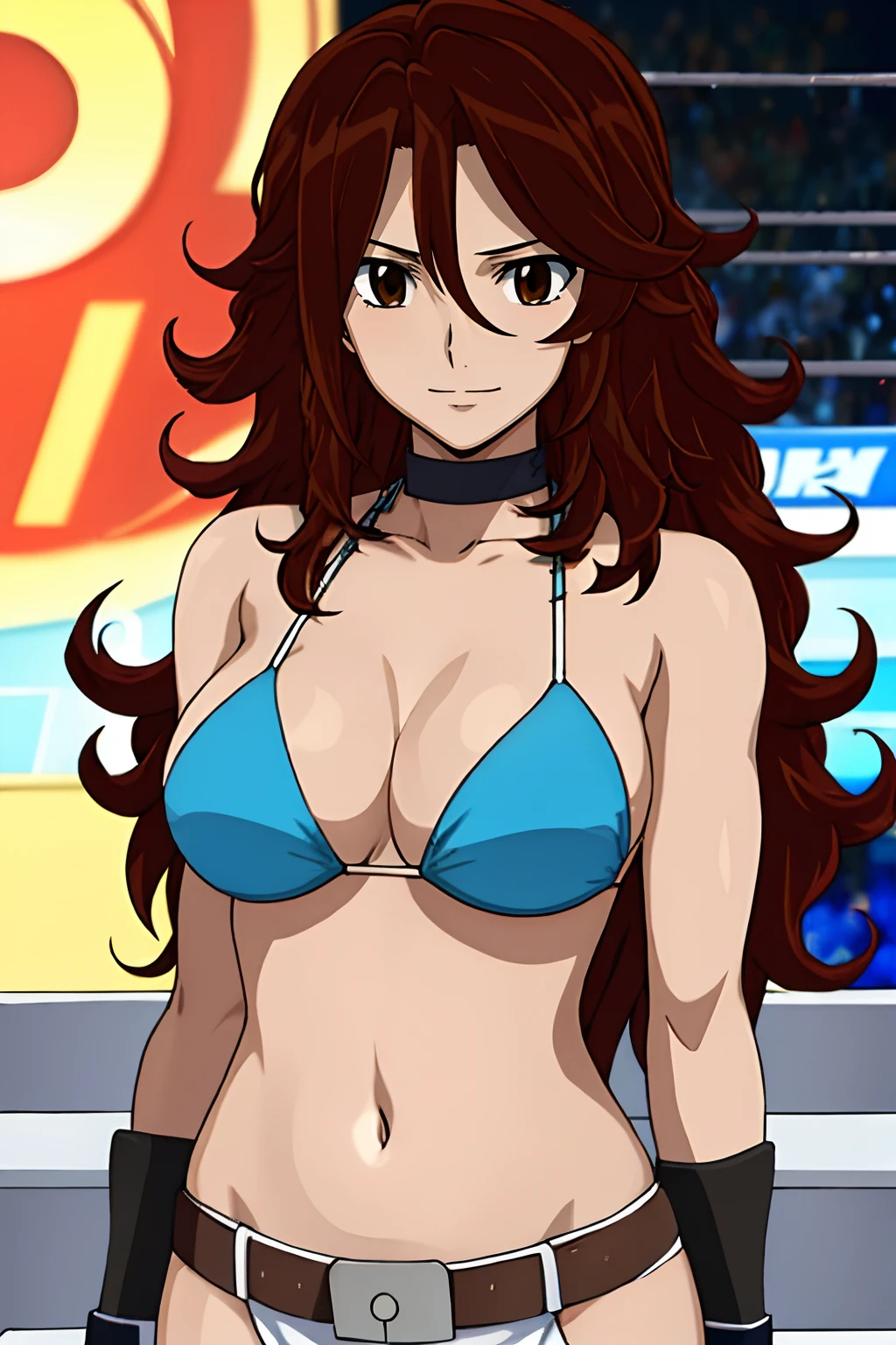 curvy belly, titration screen,, Elegant lady, (upper body only), anime style: 1.8, anime drawing, ultra detailed face, ultra detailed body, 4k, Sumergai Lee Noriega, (standing), best quality, anime style, hires, highest definition, digital blending, bold drawing lines, ((wwe diva), (location: wrestling arena, crowds watching), ( big shoulders, slim body, (wrestler body, thick arms, detailed biceps), , broad shoulders, closed fists, (very curvy: 2.8)), ((white bikini, only, white gloves, collar, hand protector, (champion belt on bare belly))), loser, defeated, sad, (pale skin, big breasts, smile), (big eyes, brown eyes), (clapping), ( brown hair, loose hair, curly hair, wavy hair, long hair, missy hair), 27 years old,