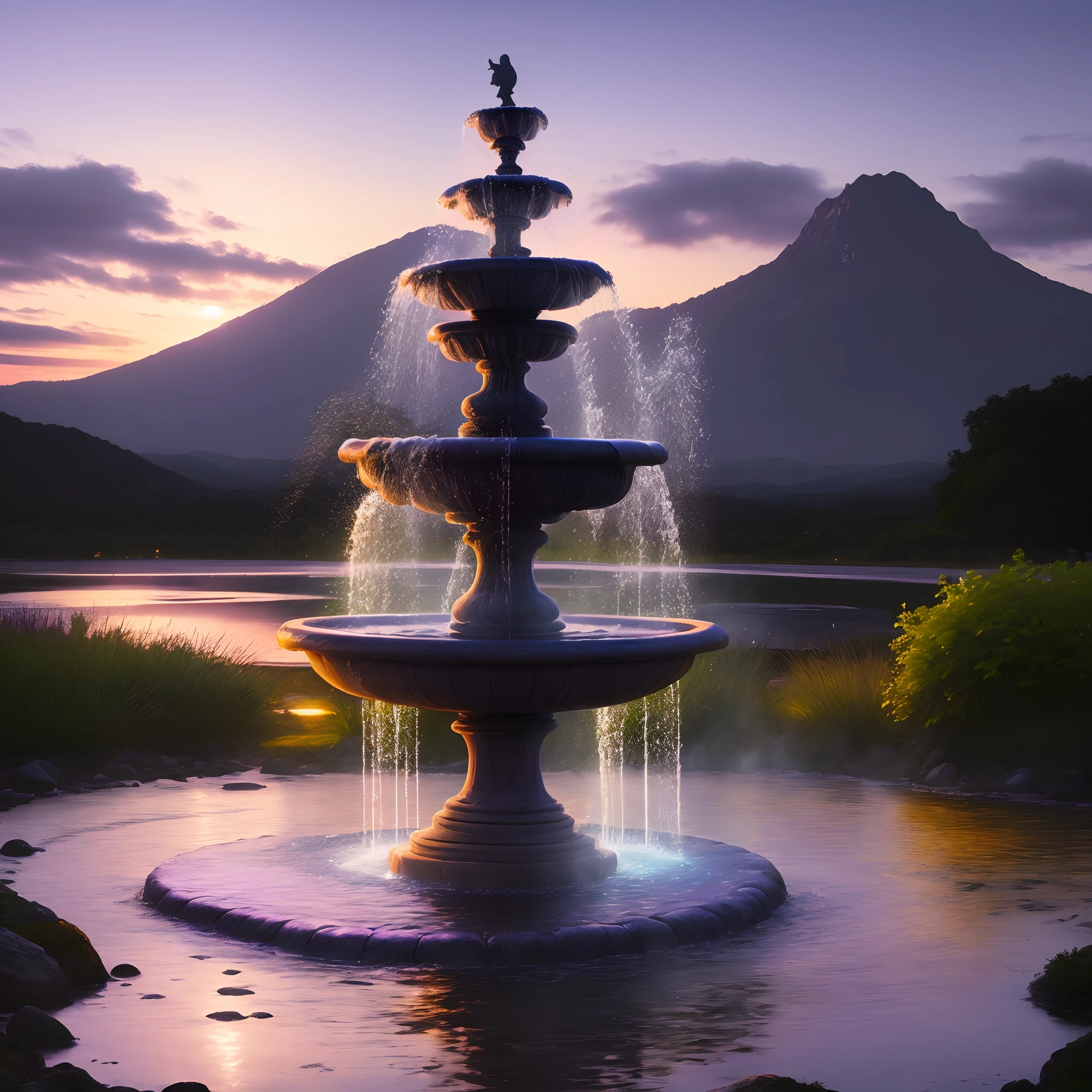 fountain with purple water, black mountain , purple sky