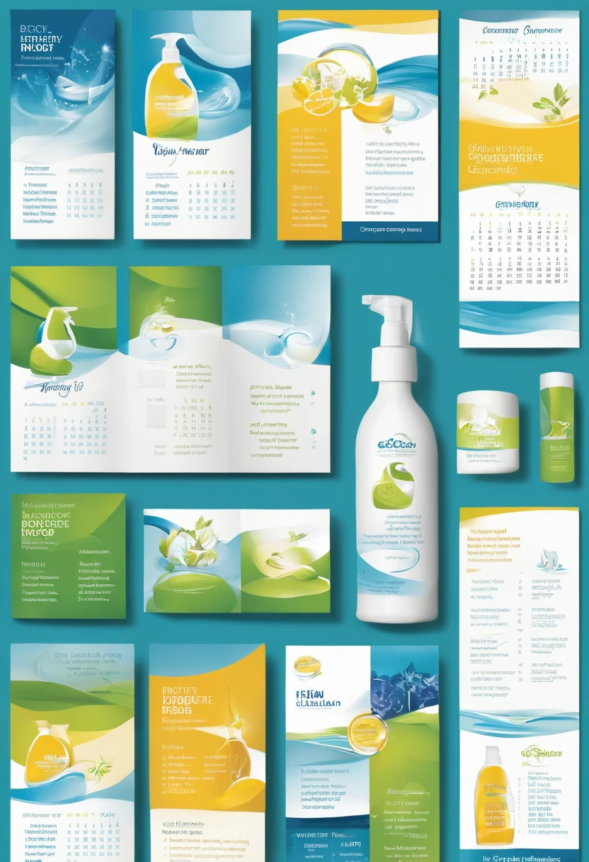 Design for a Tri-fold Calendar for a Professional Cleaning Chemicals Company

Style:
Modern, sleek with eco-friendly touches.

Color Palette:
Blues (representing cleanliness), greens (eco-consciousness), and whites (purity).

Graphic Elements:

Illustrations or high-quality images of cleaning product bottles.
Water and plant motifs to emphasize the eco-friendly nature of the products.
Icons representing different surfaces (e.g., floor, window, kitchen countertop).
Calendar Structure:

Top Section: Company logo positioned on the top left. A prominent image or illustration showcasing one of the company's products in action (e.g., a spray bottle with a cleaning effect on a surface).
Middle Section: Monthly calendar with large, legible dates. Each day should have space for notes.
Bottom Section: A brief description of one of the company's products, highlighting its main features, accompanied by a product image. Include a call-to-action, such as "Discover the power of deep cleaning."
Additional Notes:
Ensure the design is cohesive and aligns with the brand's identity. The calendar should not only serve its functional purpose but also act as a promotional tool for the company's range of products.